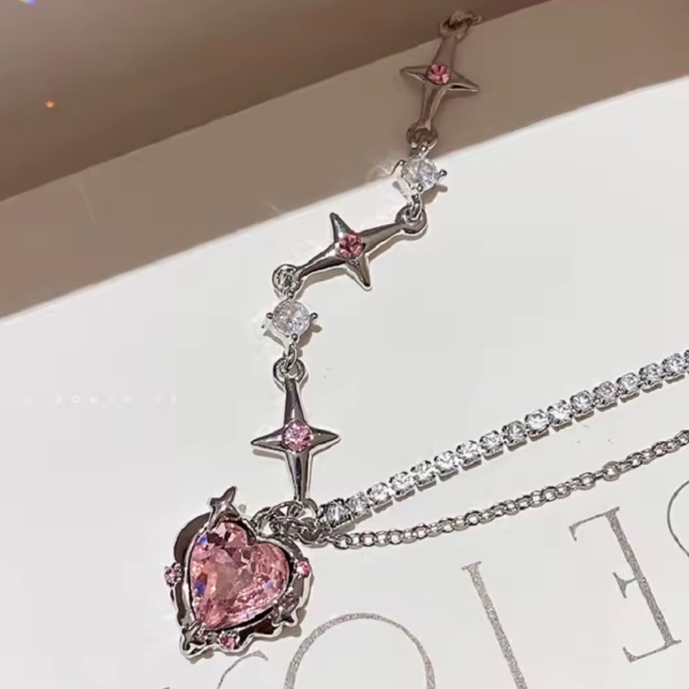 Y2k Heart Star Pendant Pink Rhinestone Dreamcore Clowncore Chain Necklace  NEW